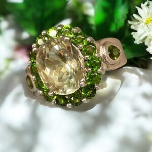 Elegant Prasiolite and Tsavorite Garnet Ring set in Sterling Silver    size 5.25